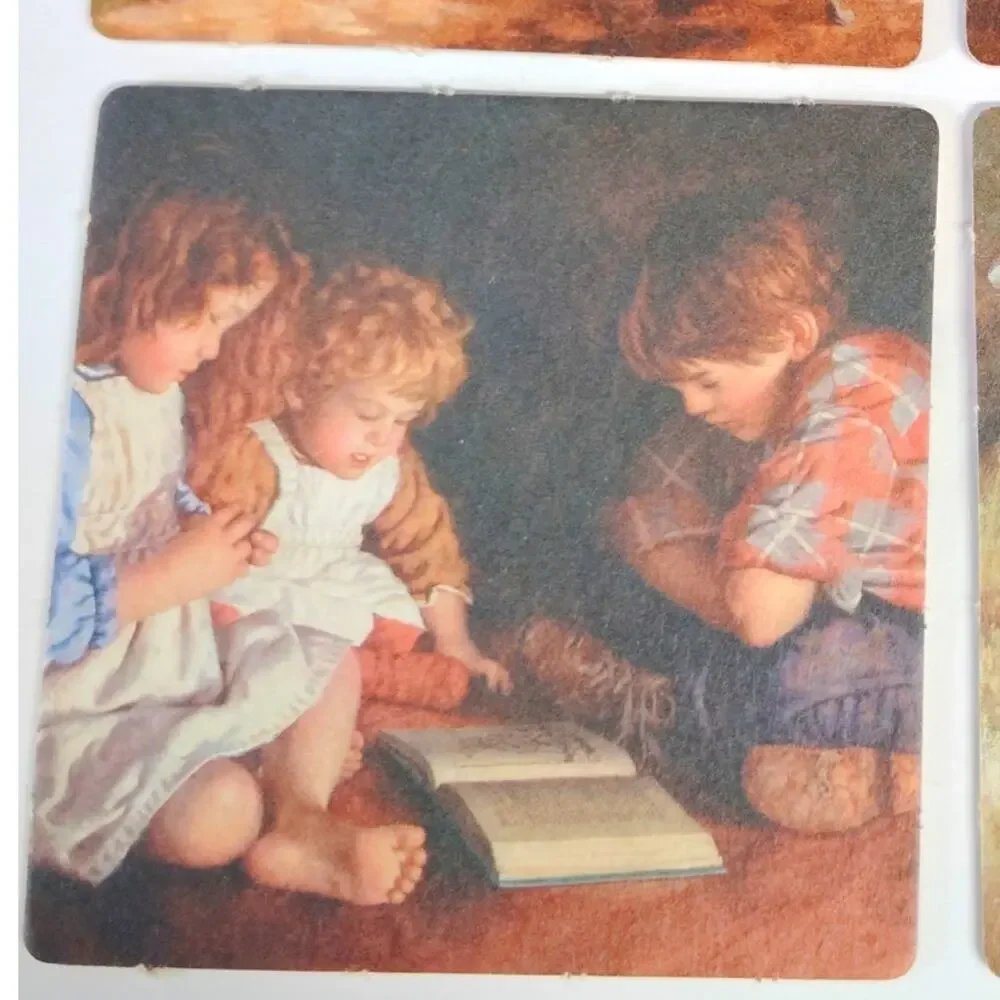 VTG Rustic Americana Kids Coasters Set of 4 Reversible Country Scenes NEW